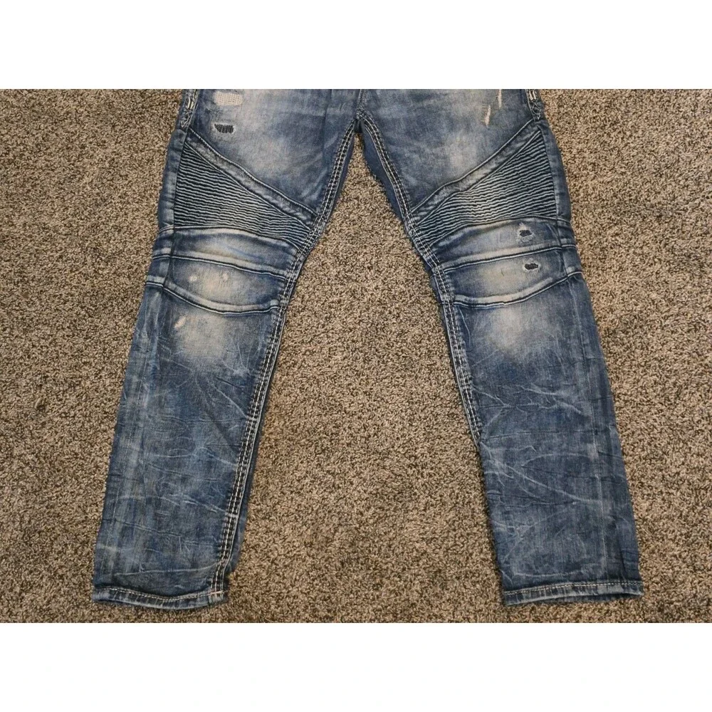 Rock Revival Rodrigo Men 34x30 Biker Moto Straight Thick Stitch Blue Jeans Flap
